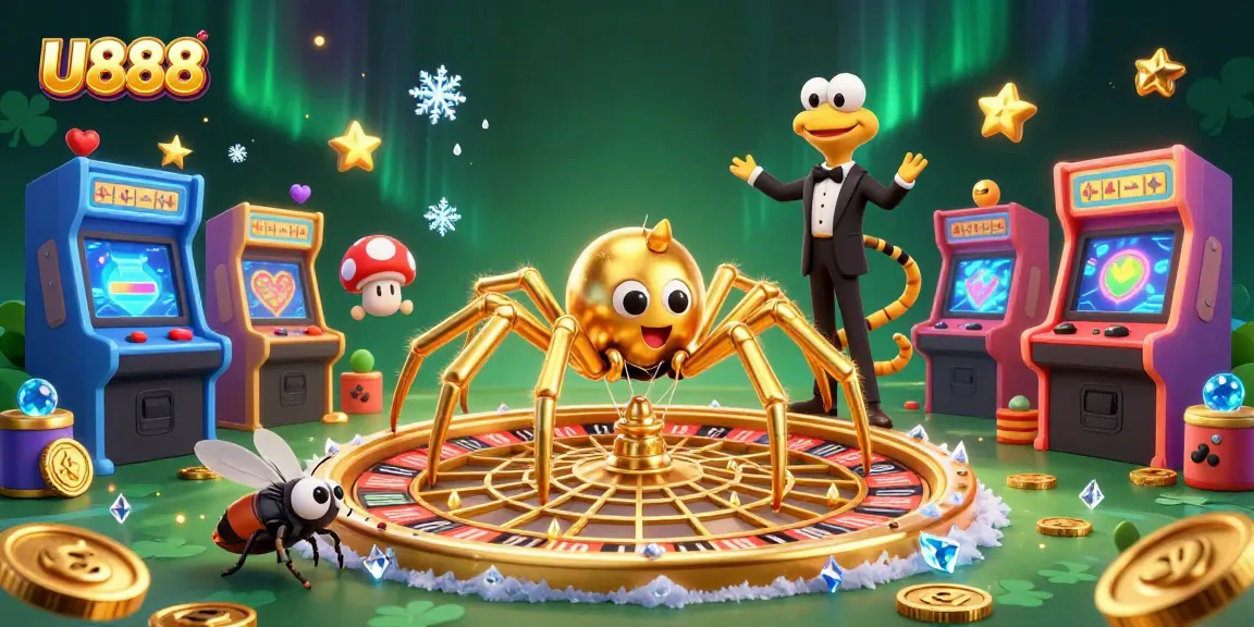 Experience the thrill of U888 with a golden spider dealer spinning dynamic games in a vibrant casino scene.
