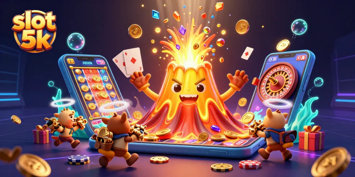 Experience thrilling wins in slot 5k with vibrant coins and treasures erupting from a golden volcano.