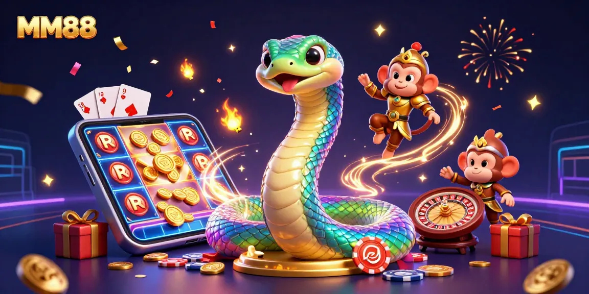 Catch the excitement at MM88 with a vibrant scene featuring a rainbow serpent and a playful monkey king amidst fireworks and slot games.